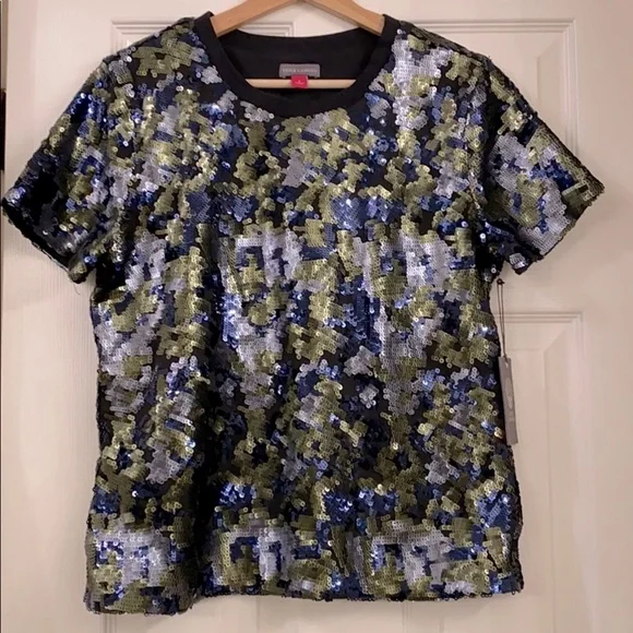 NWT. VINCE CAMUTO Sequins Top Military Green Color - Picture 5 of 9